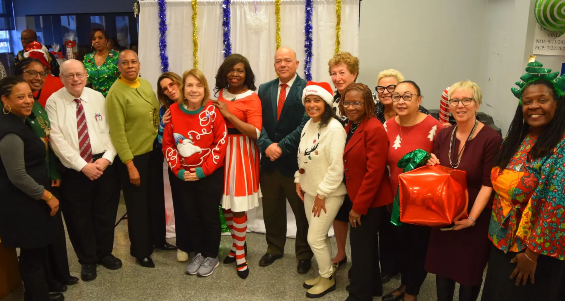 A group of Kings County Supreme Court judges gather during the holiday event. From left: Lisa Lewis, Inga O’Neale, Aaron Maslow, Wavny Toussaint, Anne Swern, Ellen Spodek, Genine Edwards, Francois Rivera, Joanne Quinones, Katherine Levine, Ingrid Joseph, Theresa Ciccotto, Lorna McAllister, Kerry Ward and Edwina Richardson. Brooklyn Eagle photo by Robert Abruzzese