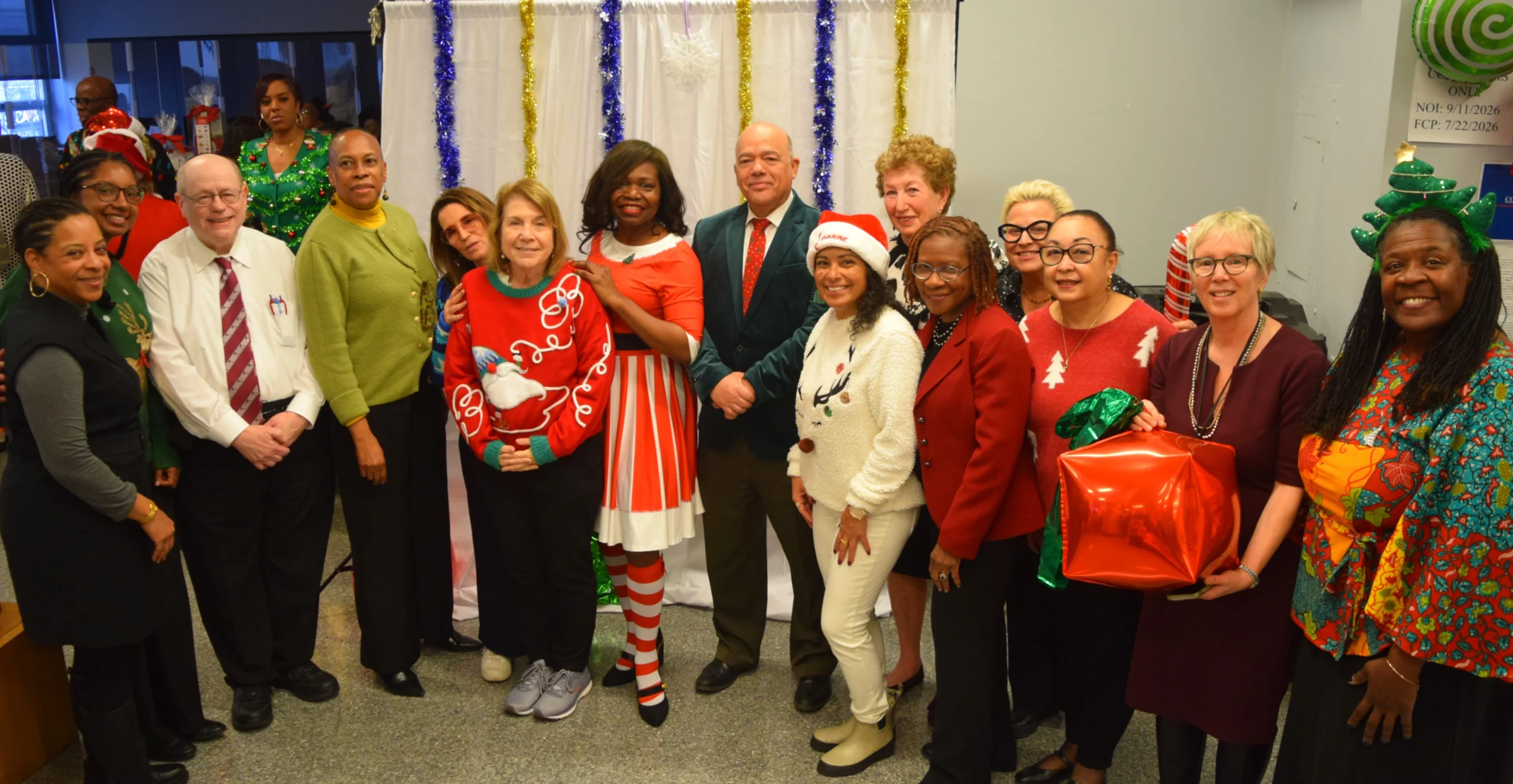 A group of Kings County Supreme Court judges gather during the holiday event. From left: Lisa Lewis, Inga O’Neale, Aaron Maslow, Wavny Toussaint, Anne Swern, Ellen Spodek, Genine Edwards, Francois Rivera, Joanne Quinones, Katherine Levine, Ingrid Joseph, Theresa Ciccotto, Lorna McAllister, Kerry Ward and Edwina Richardson. Brooklyn Eagle photo by Robert Abruzzese