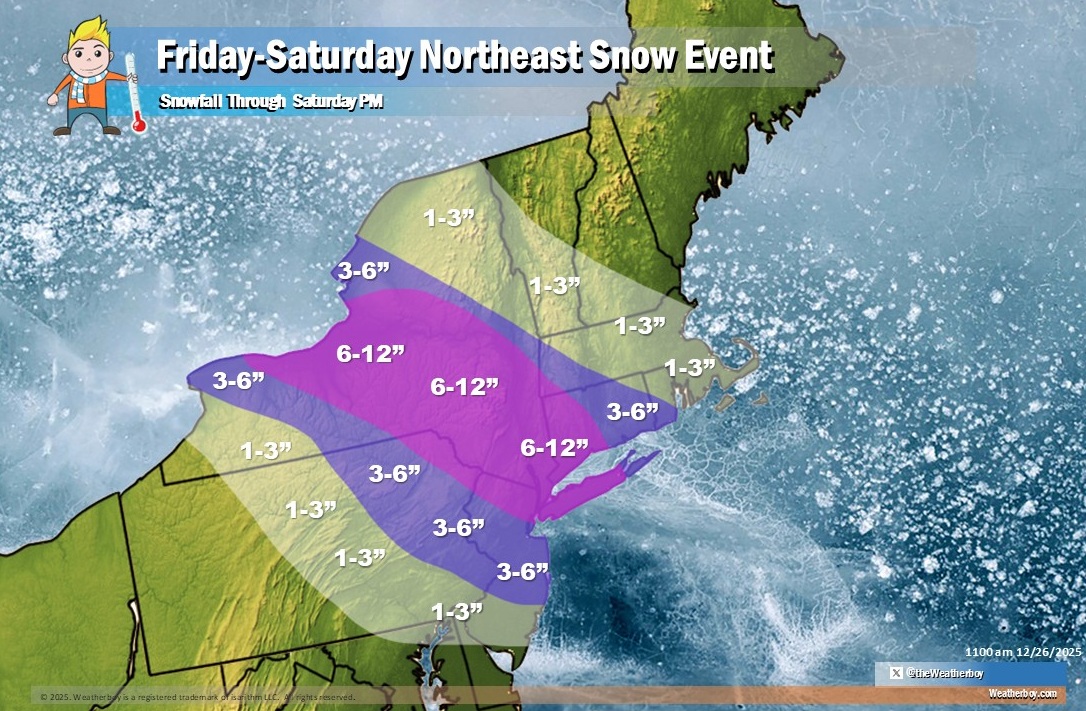Heavy snow is expected to accumulate later today into early tomorrow; 6-12" is expected over portions of New York; some isolated pockets of more than a foot cannot be ruled out, especially in the highest terrain of southeastern New York State. Image: Weatherboy