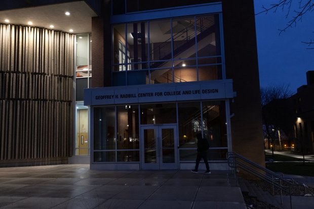 The lights of the Geoffrey H. Radbill Center for College and Life Design were dimmed Sunday night in tribute to the bike-riding philanthropist. (Rodney K. Rogers via @Pres_Rogers/X.com)