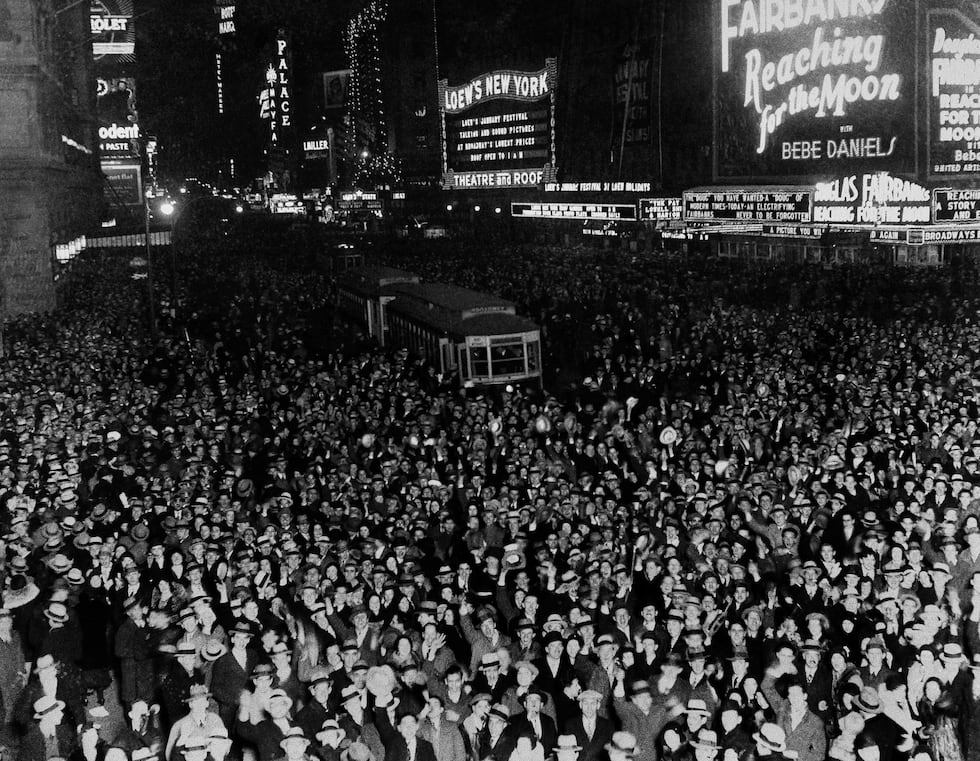 New York City's Broadway looking north from Times Square, as thousand of revelers jammed the...