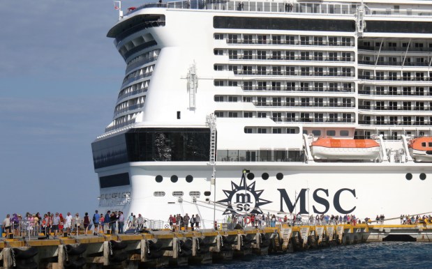 The MSC Meraviglia cruise ship is seen docked in Cozumel, Mexico, on Feb. 28, 2020. (Photo by JOSE CASTILLO/AFP via Getty Images)