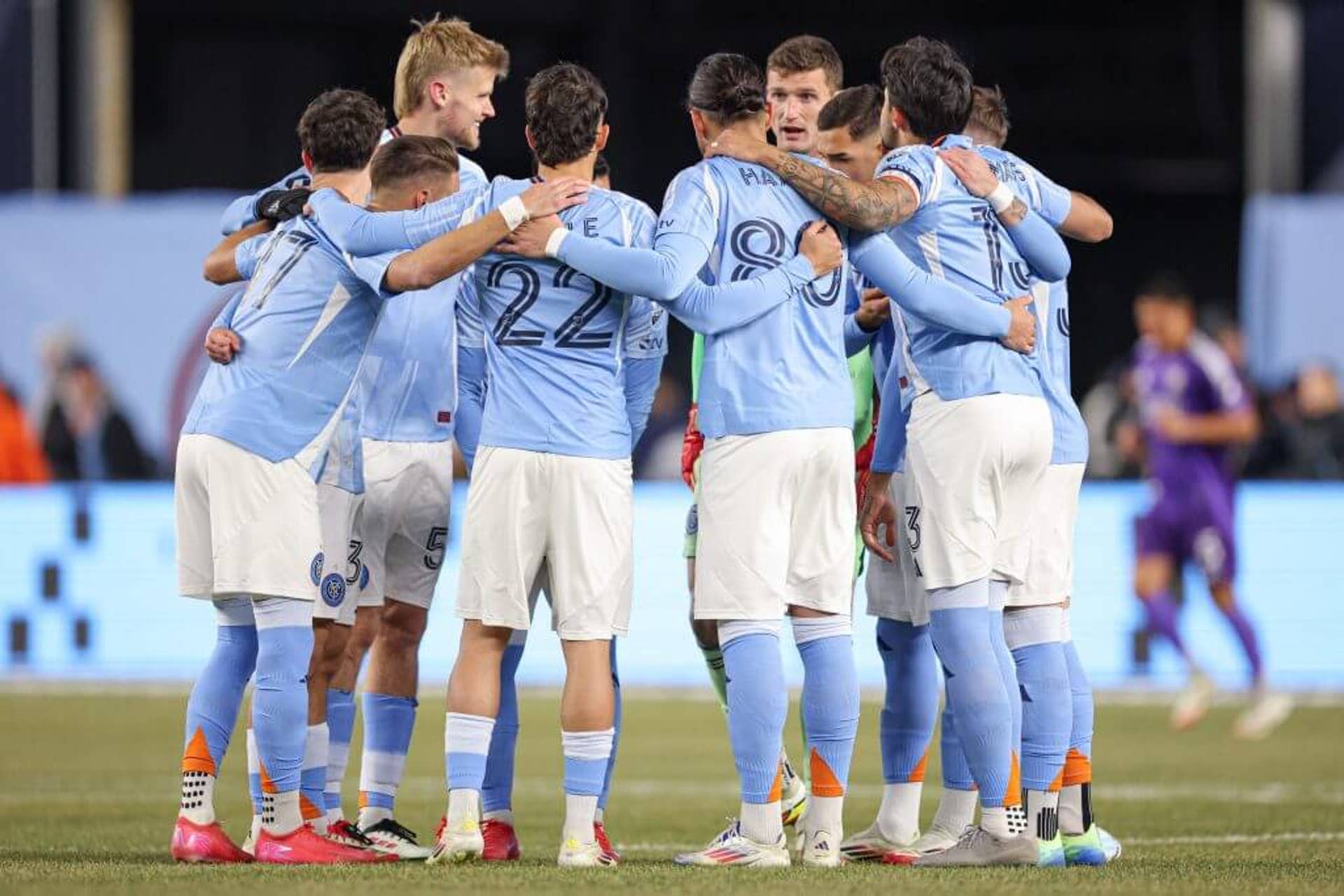 New York City FC players huddle before a match
