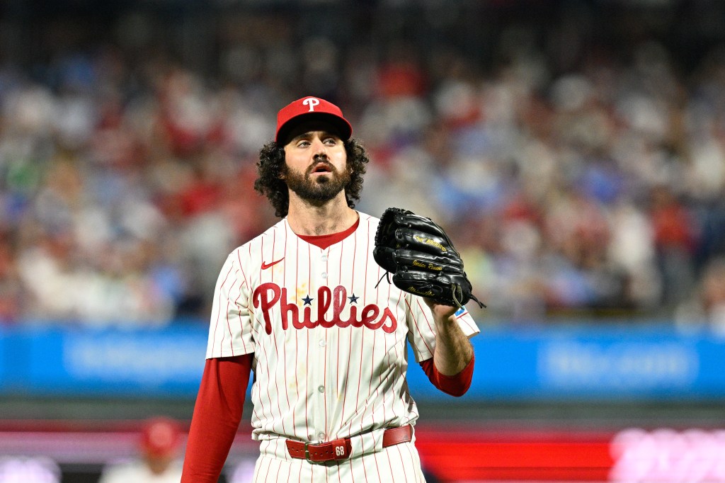 AUGUST 18: Philadelphia Phillies pitcher Jordan Romano (68) looks on during the game between the Seattle Mariners and the Philadelphia Phillies on August 18th, 2025 at Citizens Bank Park in Philadelphia, PA.