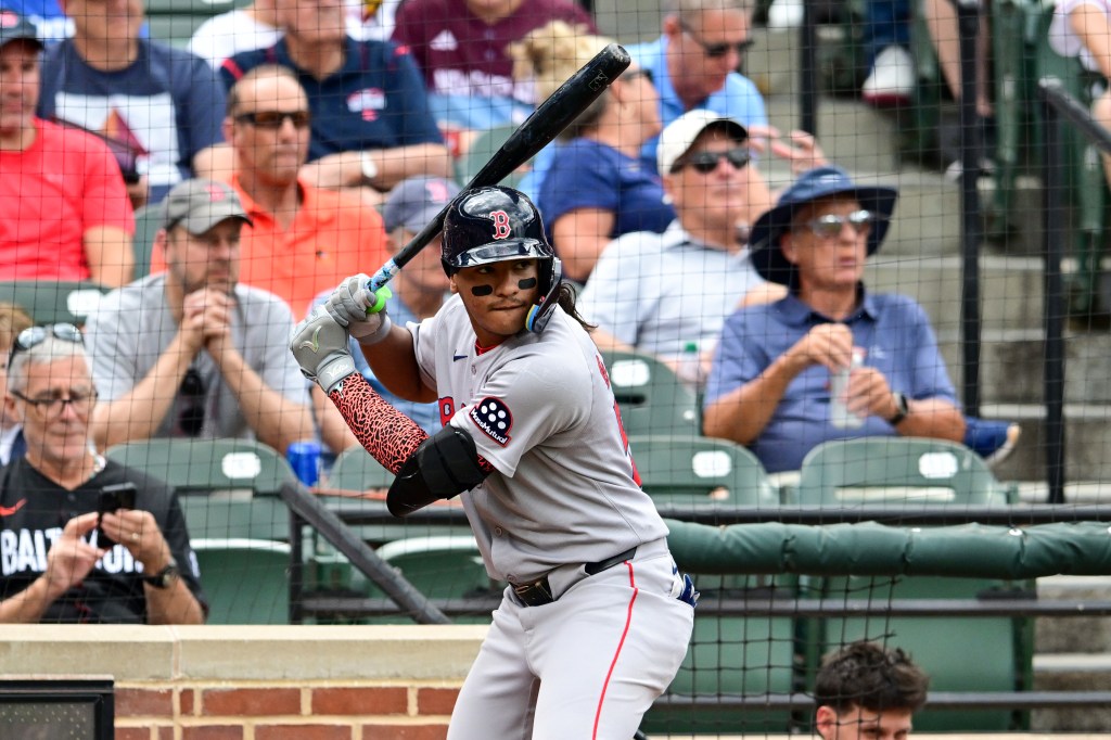 Jhostynxon Garcia #23 of the Boston Red Sox prepares to bat during the fourth inning against the Baltimore Orioles at Oriole Park at Camden Yards on August 28, 2025 in Baltimore, Maryland.