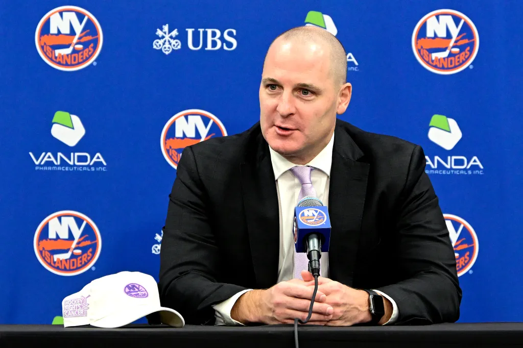 General Manager Mathieu Darche of the New York Islanders speaks at a press conference for children for Hockey Fights Cancer night prior to the game between the New York Islanders and the St. Louis Blues at UBS Arena on November 22, 2025 in Elmont, New York.