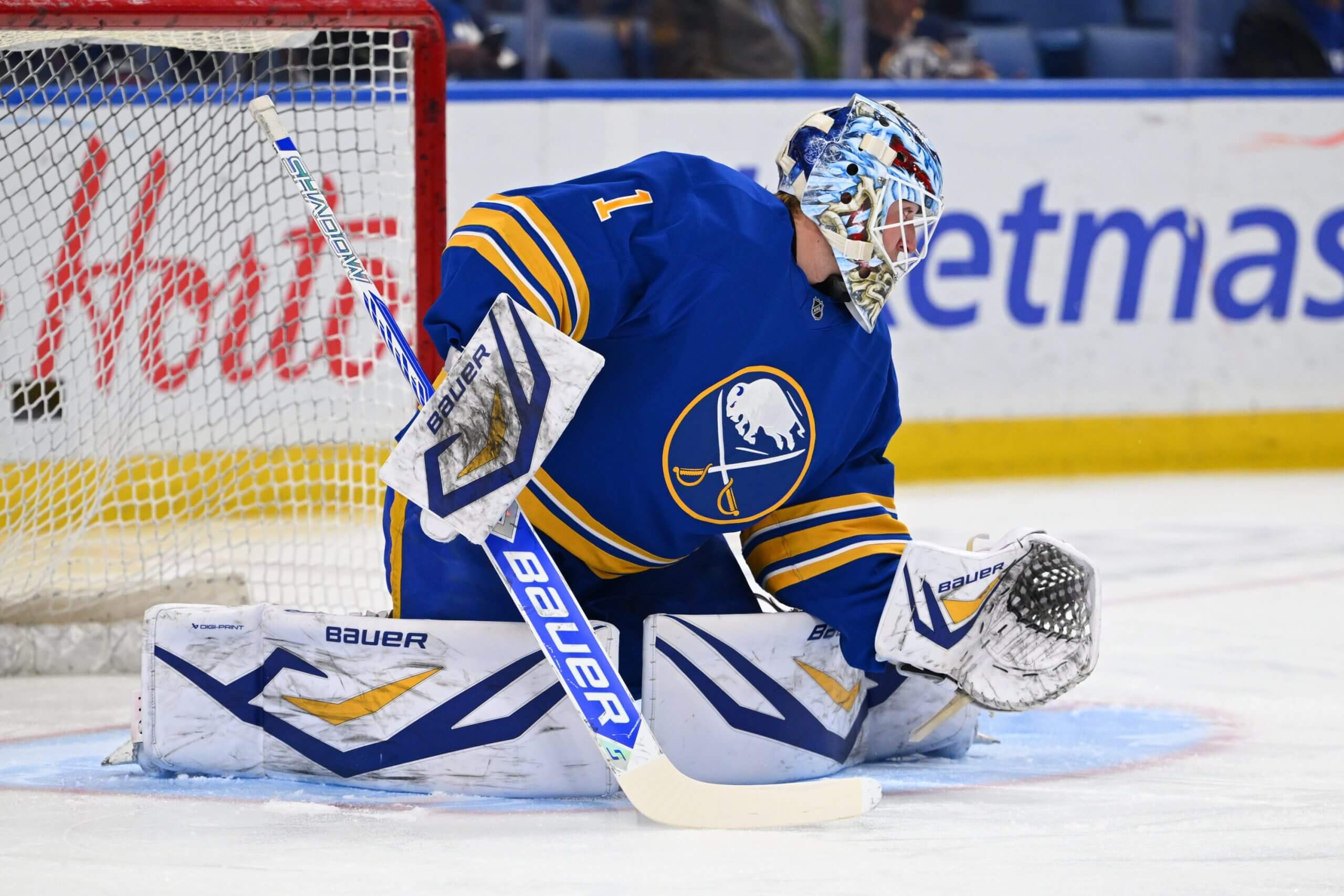 Ukka-Pekka Luukkonen makes a save in the Buffalo net.