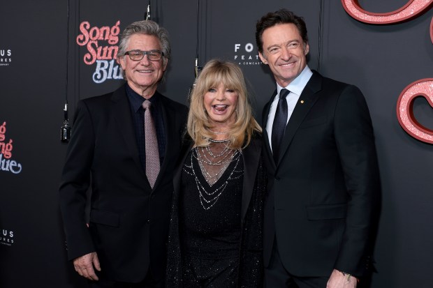 NEW YORK, NEW YORK - DECEMBER 11: (L-R) Kurt Russell, Goldie Hawn and Hugh Jackman attend the "Song Sung Blue" New York Premiere at AMC Lincoln Square Theater on December 11, 2025 in New York City. (Photo by Dimitrios Kambouris/Getty Images)