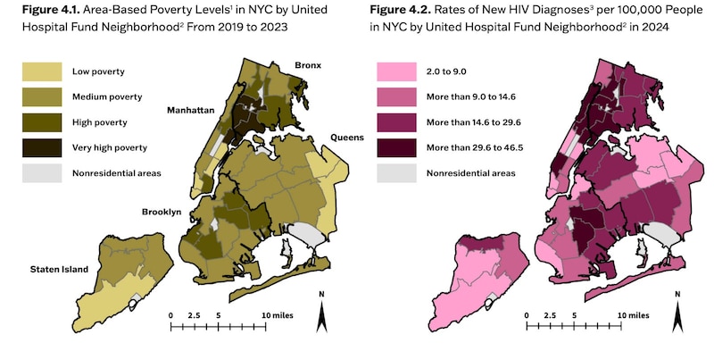 A map shows New York City communities with highest poverty rates and highest HIV rates.