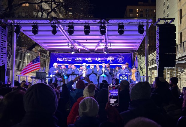 A rally outside Park East Synagogue in Manhattan is pictured on Thursday, Dec. 4, 2025. (Kerry Burke / New York Daily News)