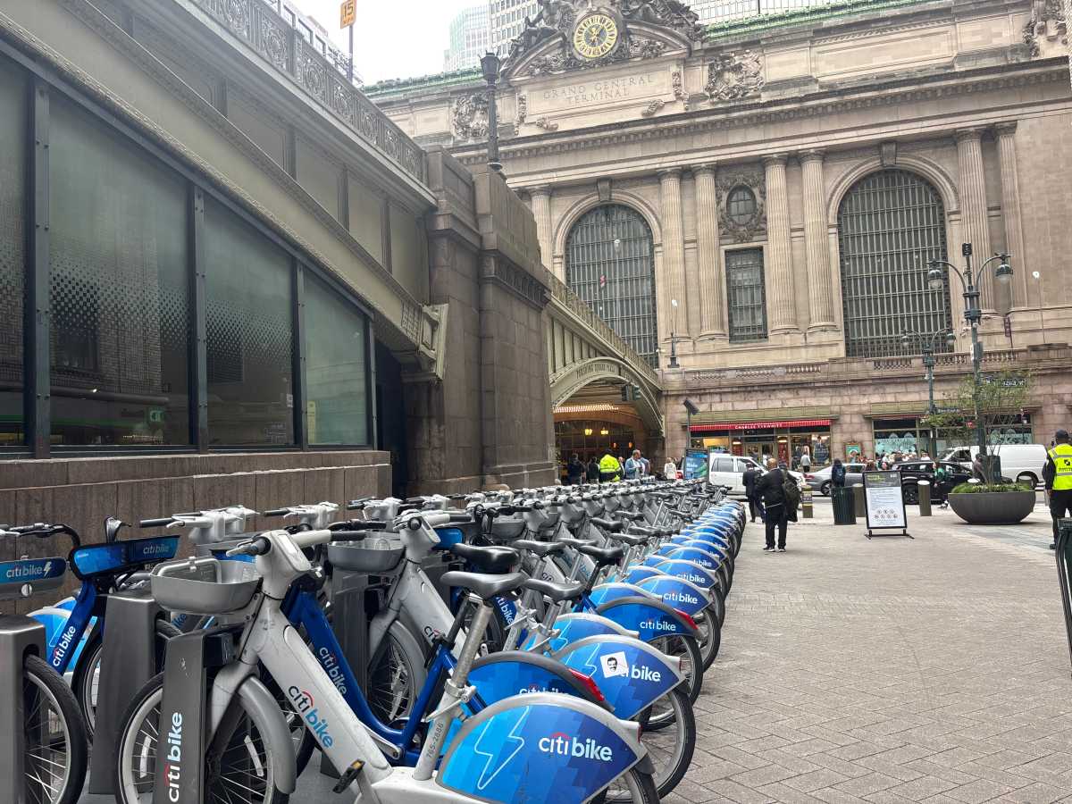 Citi Bikes in the newly renovated Pershing Square Plaza near Grand Central Station in East Midtown.