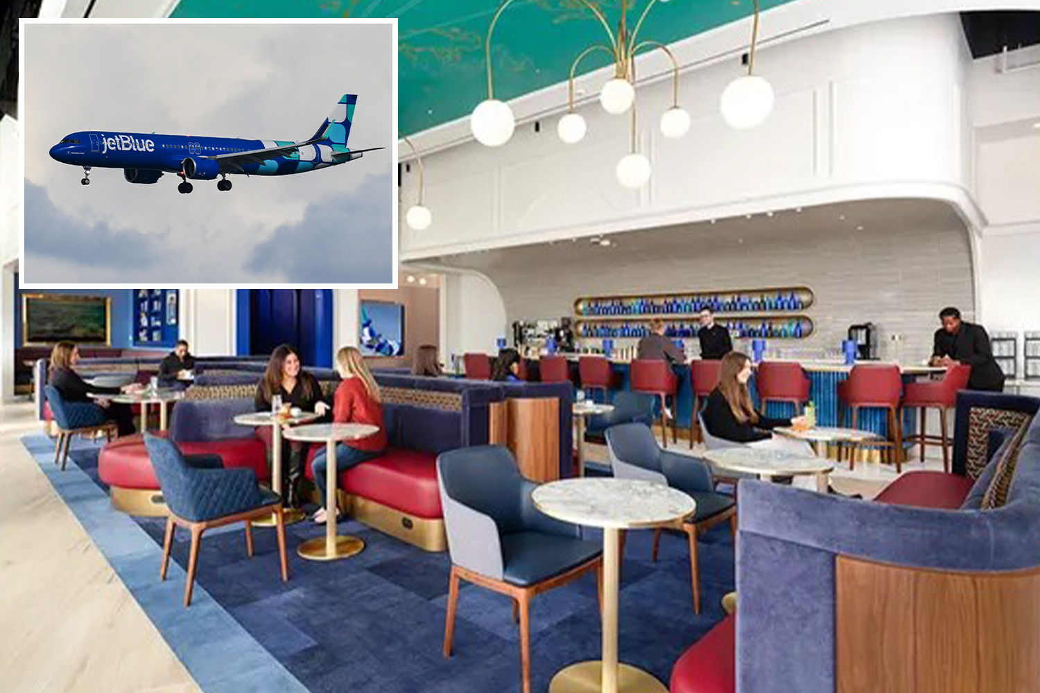 Collage of a JetBlue airplane in flight and people relaxing in a lounge.