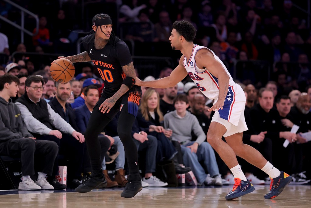Jordan Clarkson looks to make a move on ex-Knick Quentin Grimes during their loss to the 76ers.