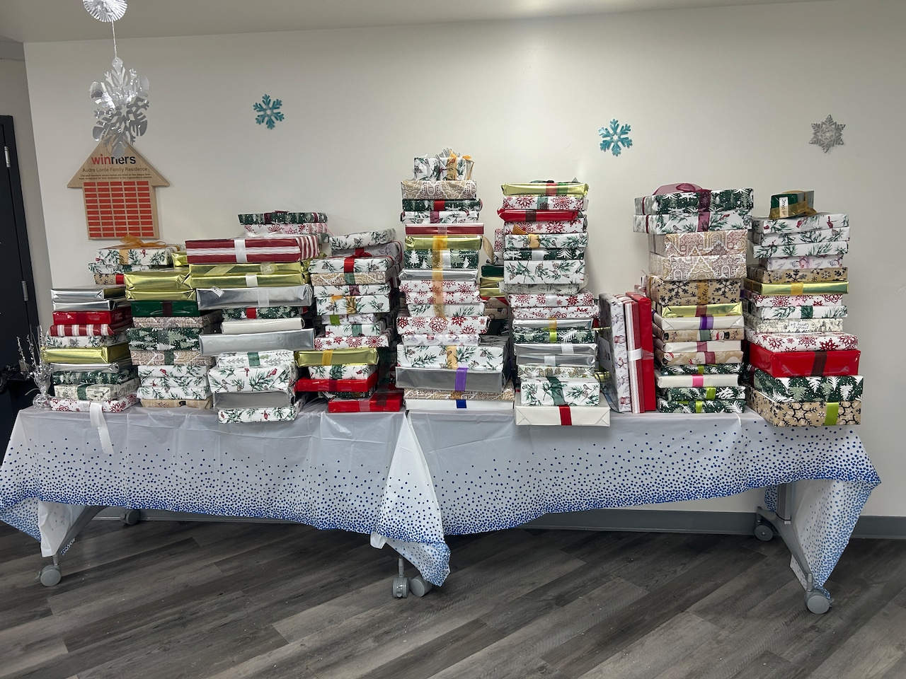 Many toys lined up for families at Win's Audre Lorder shelter toy event