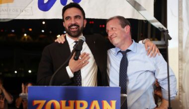 FILE - Democratic mayoral candidate Zohran Mamdani, left, speaks on stage with fellow candidate Comptroller Brad Lander at his primary election party, Wednesday, June 25, 2025, in New York. (AP Photo/Heather Khalifa, File)