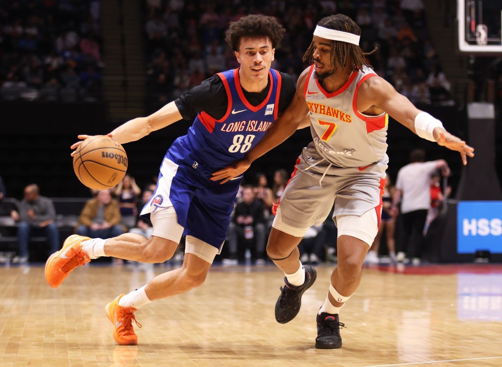 Nolan Traore drives to the basket during the Long Island Nets' 114-107 overtime loss to the College Park Skyhawks on Dec. 9, 2025.
