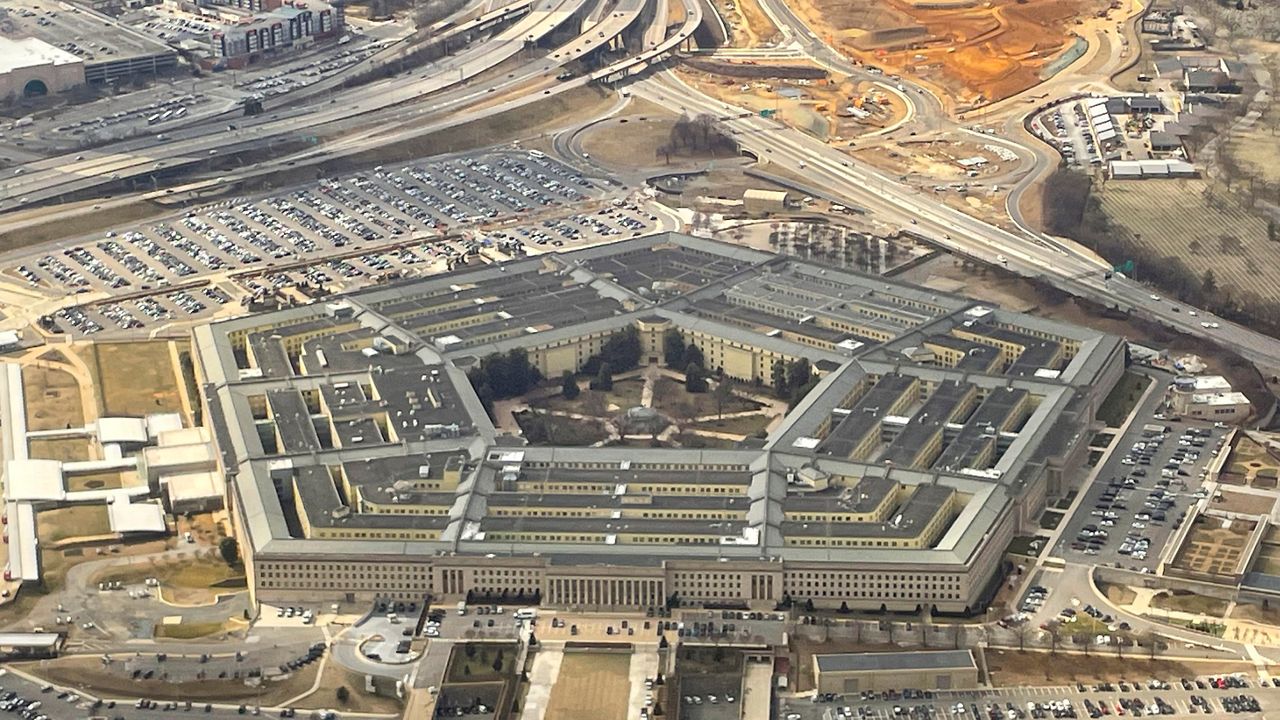 The Pentagon is seen in this aerial view through an airplane window in Washington on Thursday, Feb. 20, 2025. (AP Photo/Pablo Martinez Monsivais)