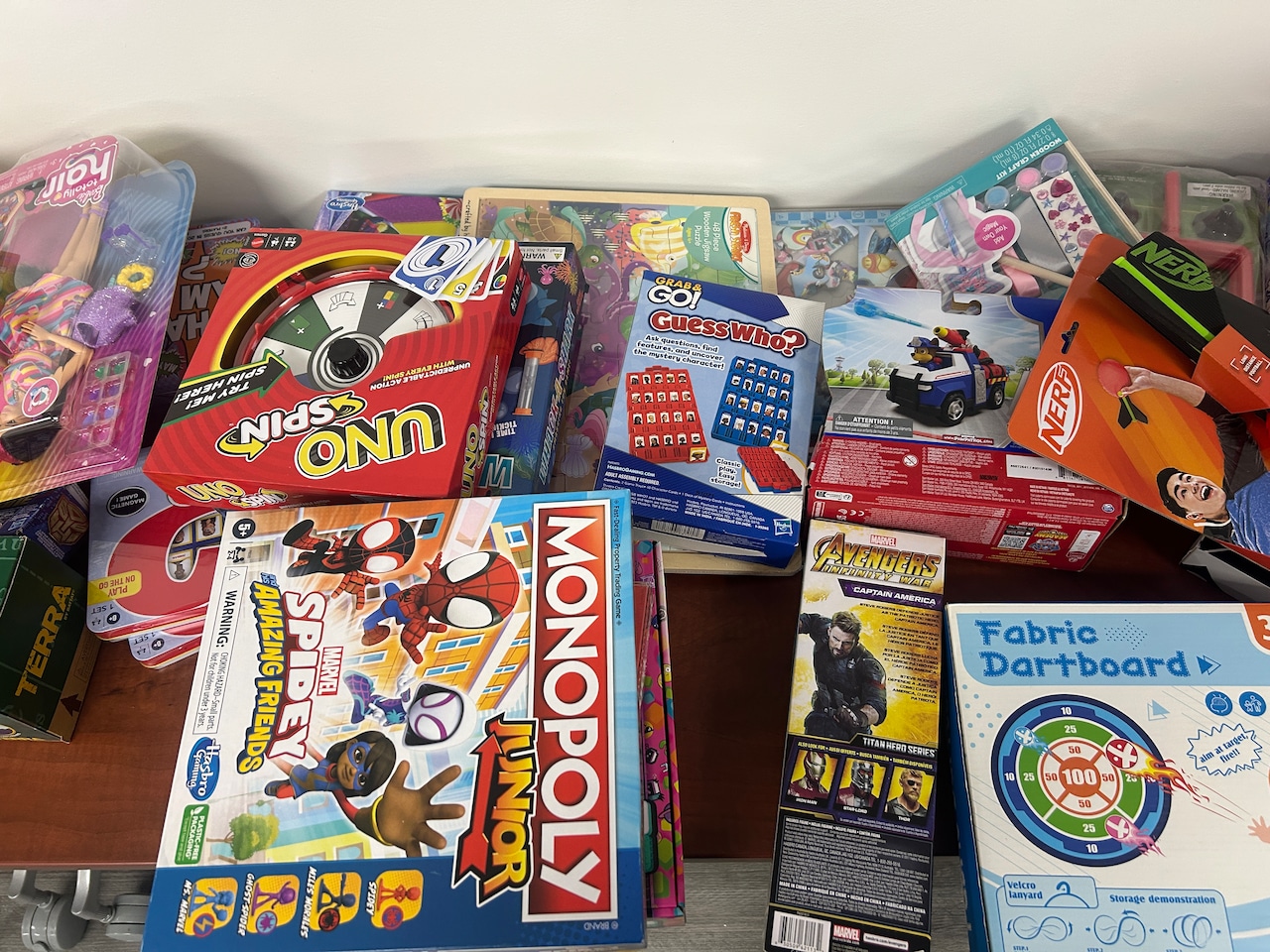 Toys lined up at Win's Audre Lorde shelter toy distribution event