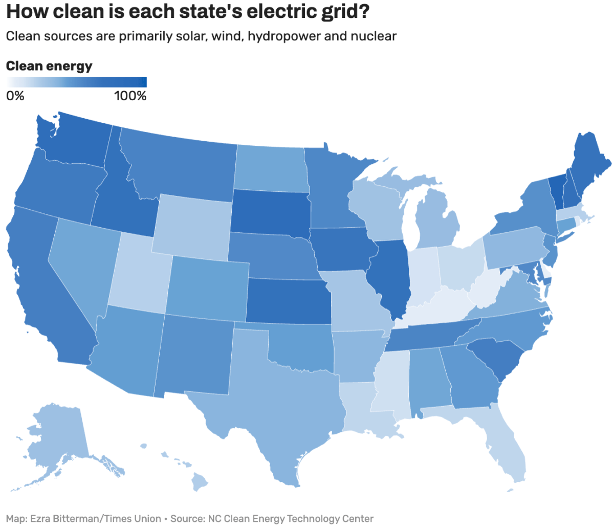 How clean is each state's electric grid? Clean sources are primarily solar, wind, hydropower and nuclear Map: Ezra Bitterman/Times UnionSource: NC Clean Energy Technology Center