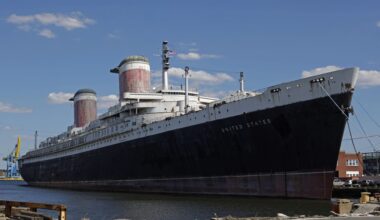 This July 1, 2010, file photo shows the SS United States, a luxury ocean liner removed from service in 1969. AP Photo/Matt Rourke, File