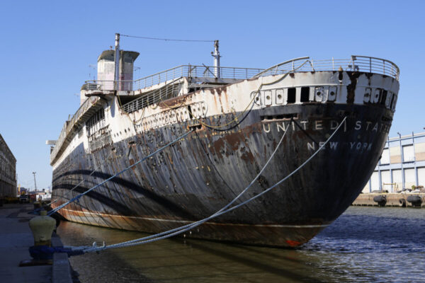 The SS United States, a storied but aging ocean liner, was moored on the Delaware River waterfront, Thursday, Oct. 24, 2024, in Philadelphia. AP Photo/Matt Slocum