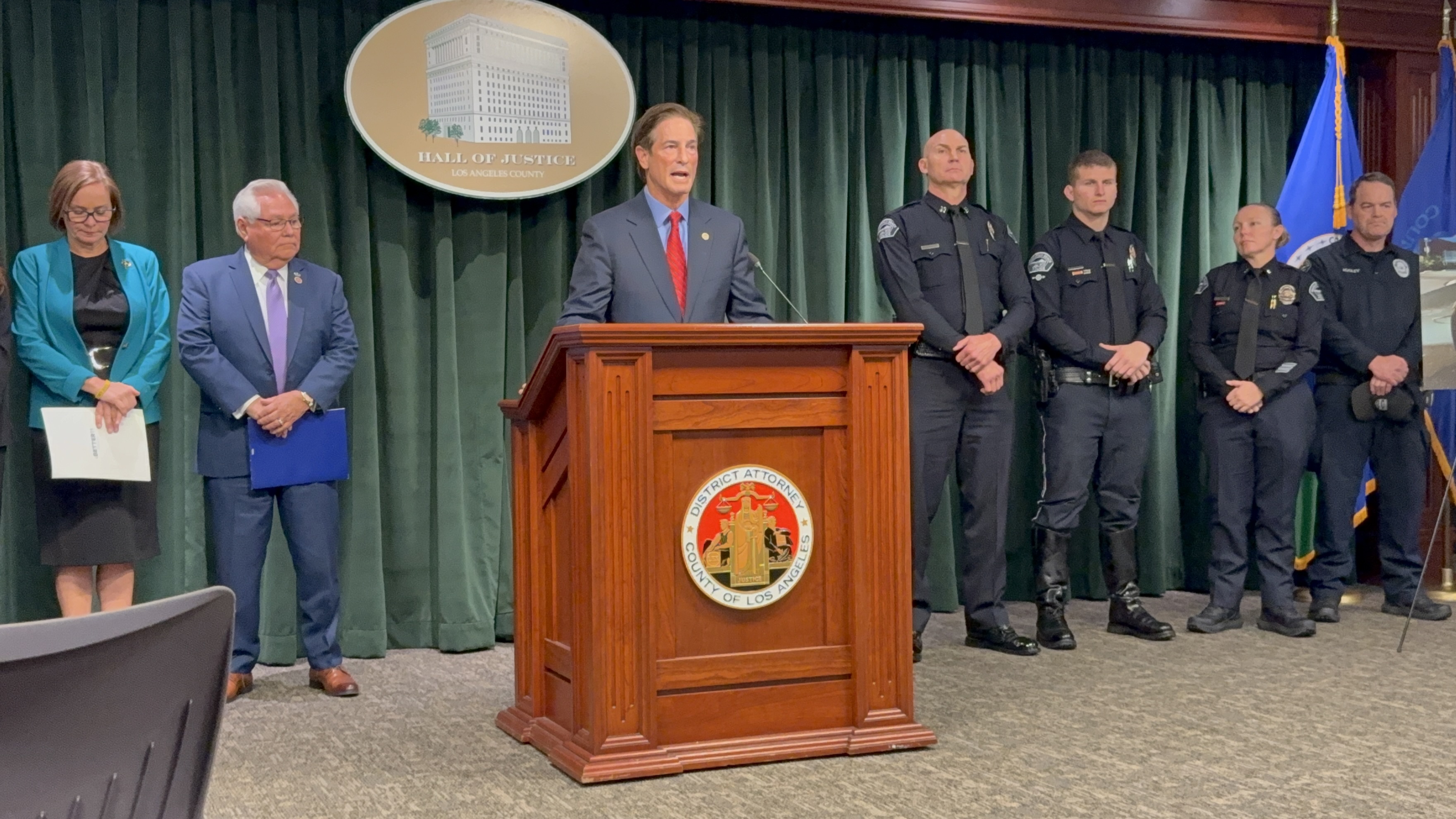Los Angeles County District Attorney Nathan Hochman speaks at a...