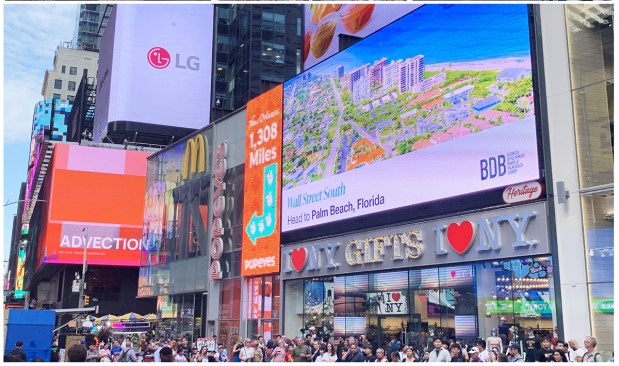 The economic development organization for Palm Beach County made a splash in Times Square in New York City with some targeted advertising. (Business Development Board of Palm Beach County/Courtesy)