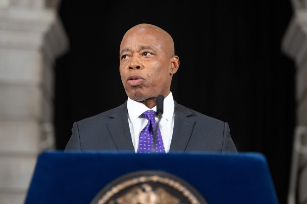 Eric Adams speaks during a press conference at City Hall in the Rotunda Thursday, Oct. 16, 2025 in Manhattan, New York, New York. (Barry Williams/ New York Daily News)