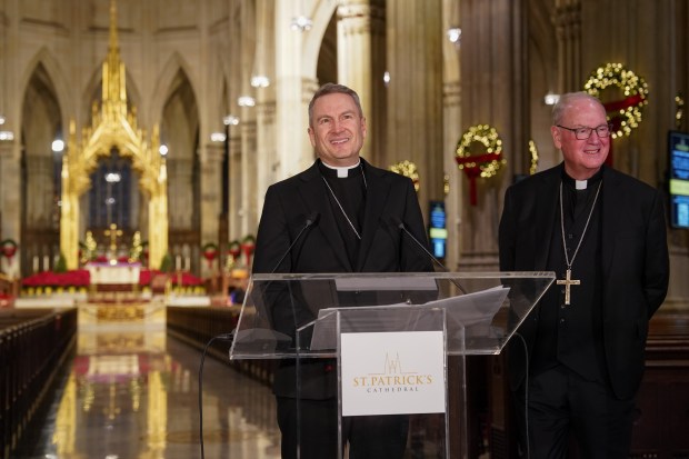 Bishop Ronald Hicks speaks at a press conference alongside Cardinal Timothy Dolan at St. Patricks Cathedral Thursday, Dec. 18 2025 in New York, New York.