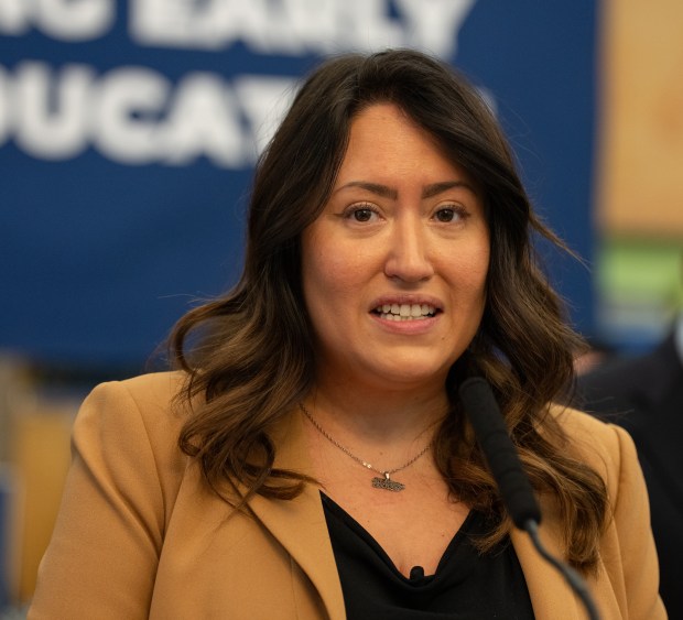 New York City Public Schools Chancellor Melissa Aviles-Ramos speaks during a press conference announcing baselining funding annually for critical education programs Wednesday, April 16, 2025 at the DOE headquarters in Manhattan, New York. (Barry Williams/ New York Daily News)