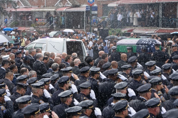 at the funeral of NYPD officer Didarul Islam in the Bronx Thursday, July 31, 2025. (Barry Williams/New York Daily News)
