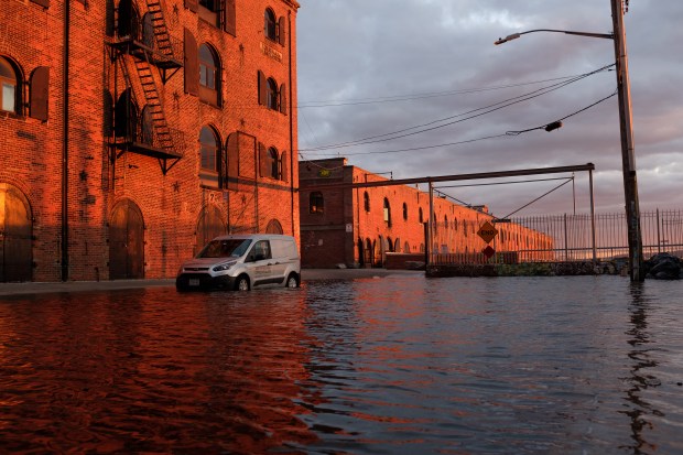 Storm surge from Hurricane Erin causes street flooding in Red Hook, Brooklyn, New York City on Thursday, August 21, 2025. (Gardiner Anderson / New York Daily News)