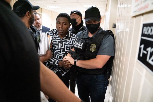 Federal law enforcement officers detain a man at 26 Federal Plaza Tuesday, June 10, 2025 in the Manhattan, New York. (Barry Williams/ New York Daily News)