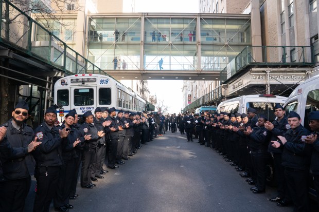 NYCDOC officer Shamika Mitchell walks out of Mt. Sinai Morningside Friday, Feb. 14, 2025 in Manhattan, New York. (Barry Williams/ New York Daily News)