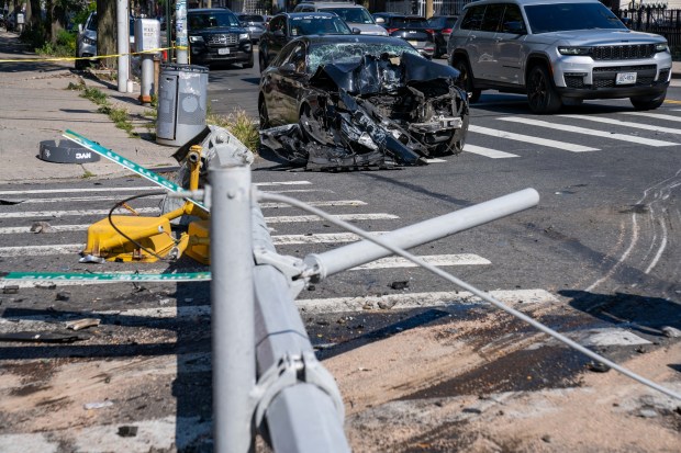 A 71yr old man was rushed to Brookdale Hospital after he was struck by a black Honda Accord, being driven by a 15yr old boy, as he stood on the sidewalk at the southwest corner of Hegeman Avenue and Pennsylvania Avenue in Brooklyn on Sunday September 14, 2025. 1048. The 15yr old driver was allegedly fleeing Police from a location on Flatlands Avenue. A light pole was also brought down in the crash. The boy was taken into custody after the crash. (Theodore Parisienne / New York Daily News)