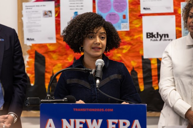 Cat Da Costa speaks to the press at the Brooklyn Public Library Greenpoint Branch in Brooklyn, Wednesday, December 17, 2025. (Shawn Inglima/ New York Daily News)