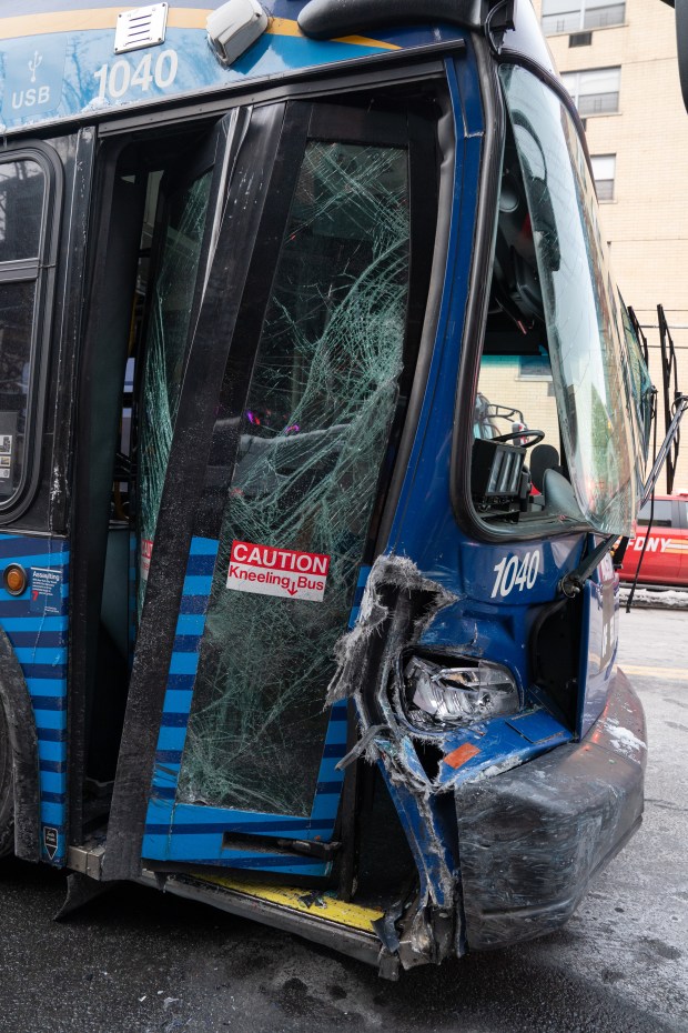 An MTA Bx6 bus lost control in the Bronx, slamming into several vehicles over a five-block stretch before coming to a stop just before a major intersection, Monday, Dec. 15, 2025. 