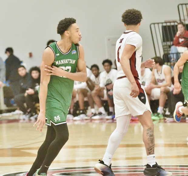 Manhattan's Terrance Jones, 22, reacts after he made a 3-pointer against Rider during an NCAA men's basketball game on Monday, Dec. 29, 2025 at Alumni Gymnasium in Lawrenceville. (Kyle Franko/ Trentonian Photo)