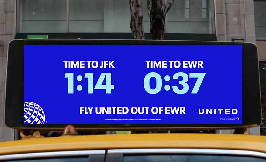 United Airlines is relaunching its taxi-topper campaign in New York showing live drive time comparisons between JFK and Newark airports.