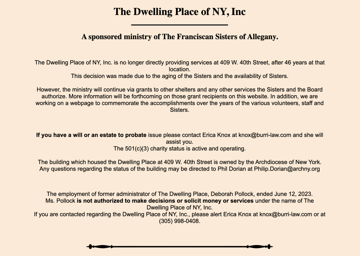 Message on The Dwelling Place's website