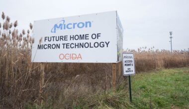 a sign in a field that reads 'future home of micron technology'