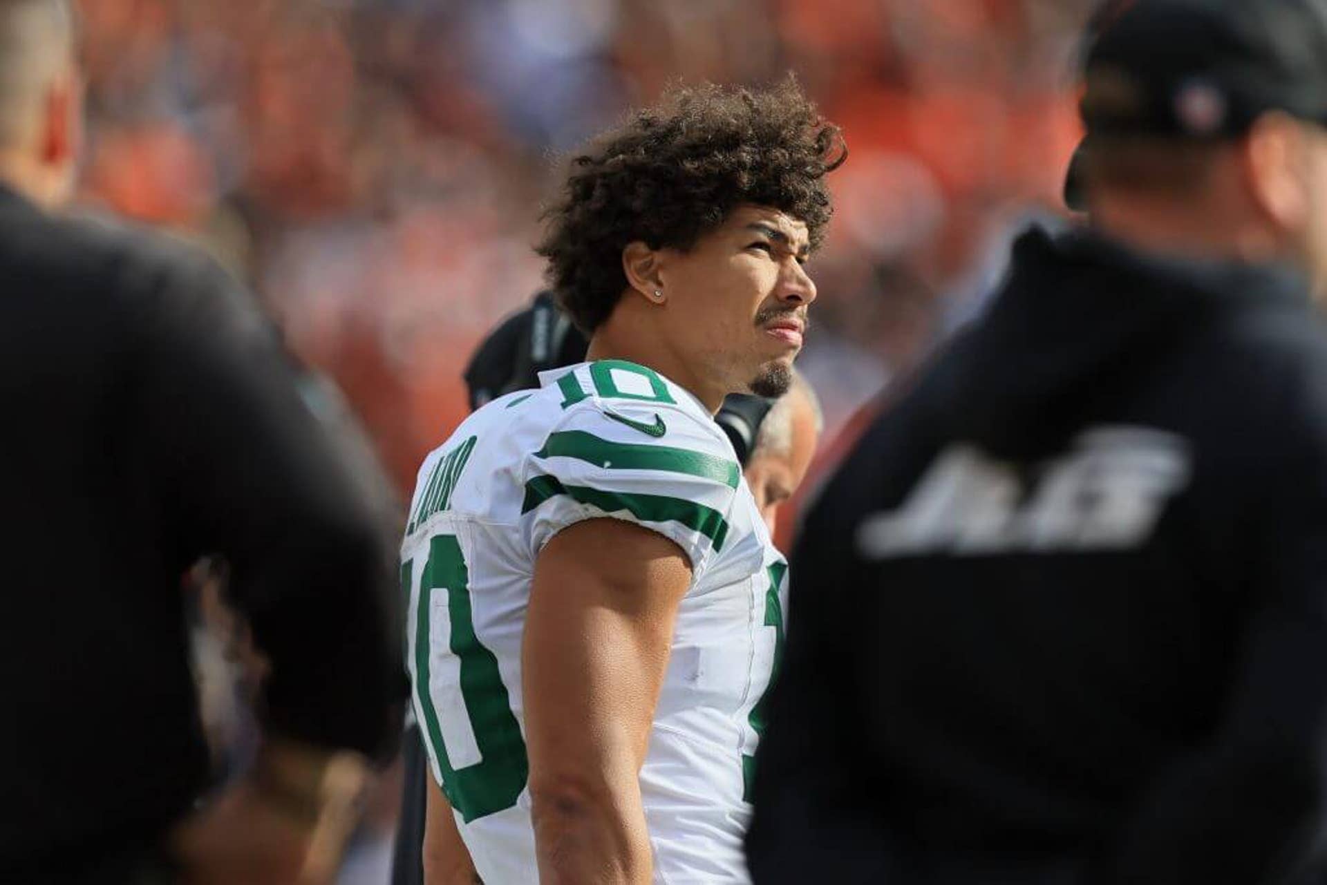 New York Jets wide receiver Allen Lazard looks on during the fourth quarter at Paycor Stadium.