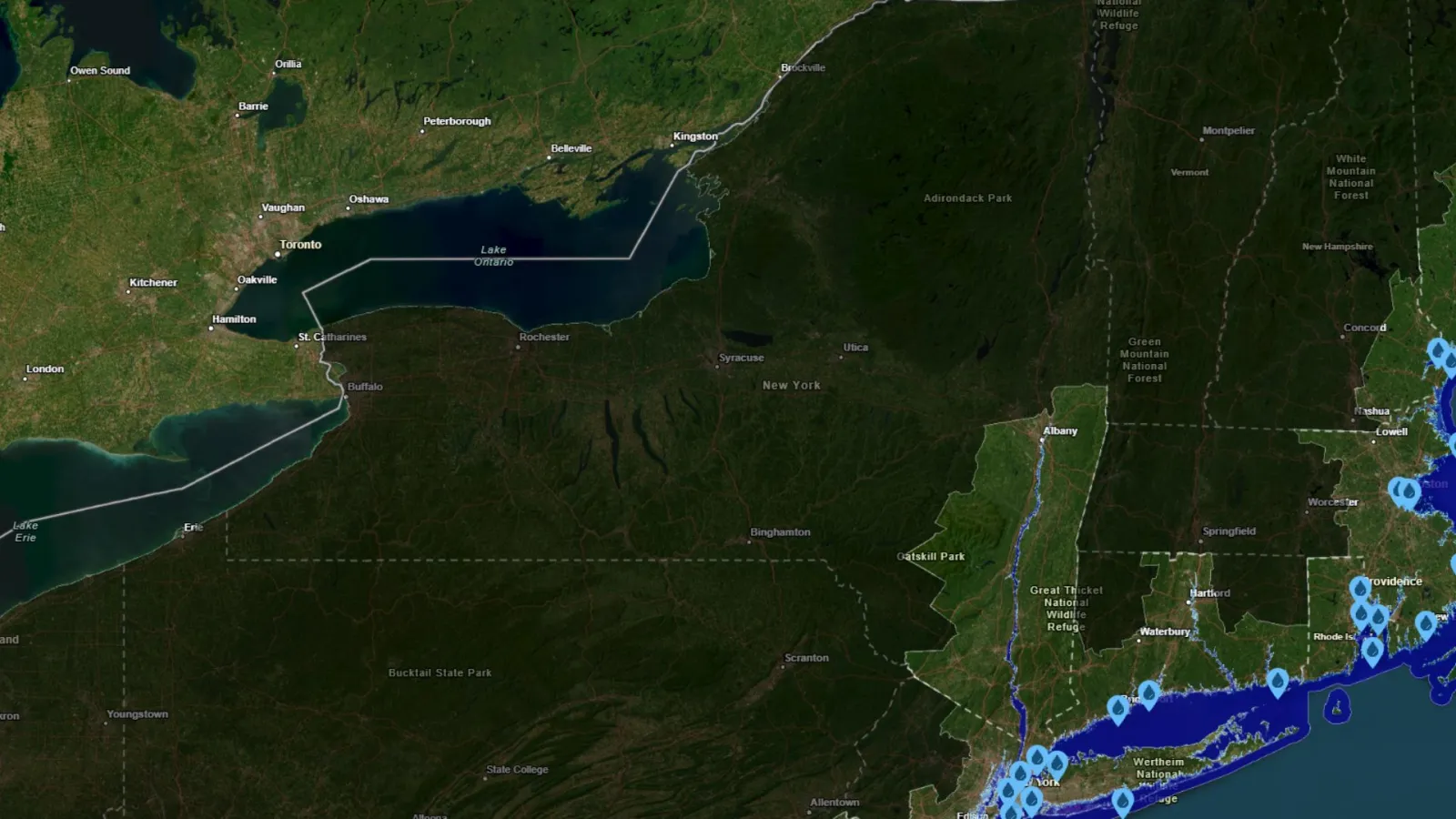 A screenshot of the NOAA map showing which U.S. cities in New York could be underwater if sea levels rose by 10 feet.