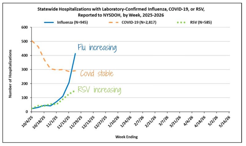 A line graph shows hospitalizations for respiratory viruses in New York.