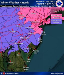 Winter Storm Warnings have expanded south and east.  Image: NWS