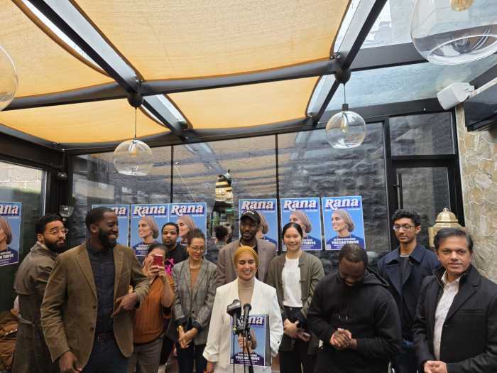 Rana Abdelhamid speaks at the launch of her run for Assembly District 36 in Astoria. Photo by Shane O'Brien.