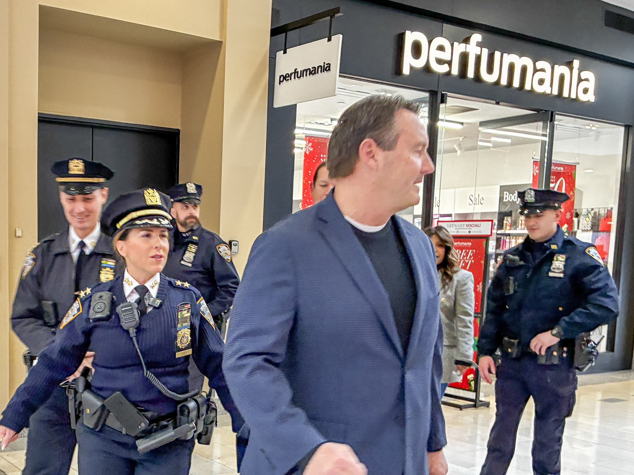 NYPD Assistant Chief Melissa Eger, the Staten Island borough commander, along with other members of the NYPD visited the Staten Island Mall in New Springville to speak with shopkeepers about the department's effort to reduce retail theft and overall crime in the mall during the holiday shopping season on Dec. 15, 2025.