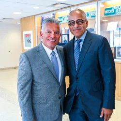 Chief Administrative Judge Joseph Zayas, left, with his mentor Chief Judge Rowan Wilson, at the Court Officer Academy in Brooklyn, July 2023. Photo: David Handschuh/OCA