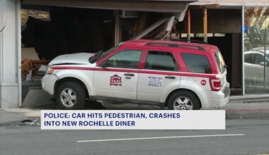 Car strikes pedestrian and building in New Rochelle