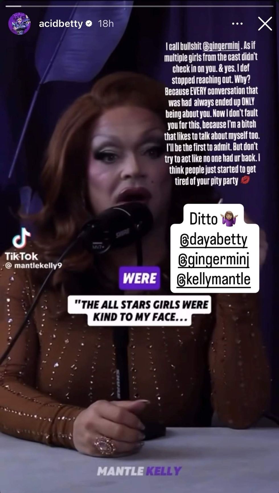 Acid Betty addresses the drama involving Ginger Minj and the queens of RuPaul's Drag Race All Stars season 10 in an Instagram Story